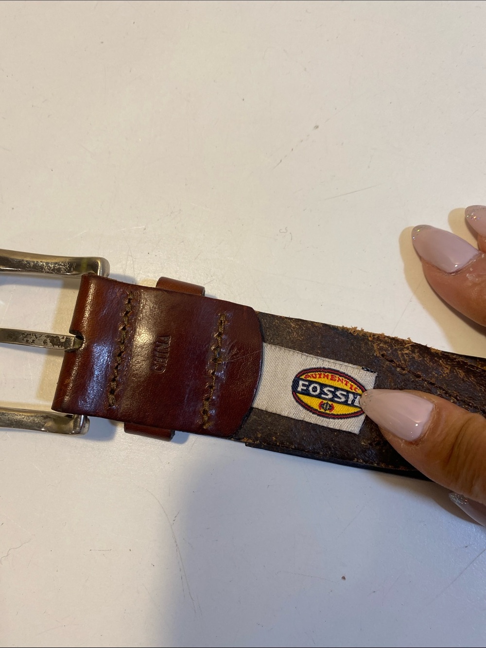 Fossil Brown Leather Belt with Silver Buckle and Logo Patch Sz 36
